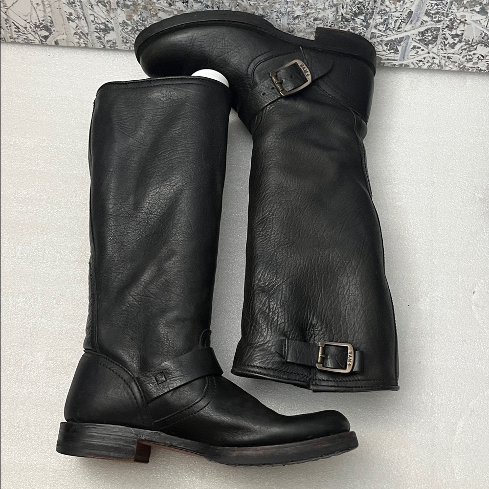 Frye Veronica Slouch Black Leather Engineer Boots Sz 7B - Picture 6 of 13